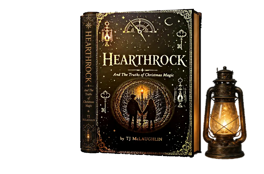 Hearthrock: And The Truths of Christmas Magic by TJ McLaughlin — book cover beside a glowing lantern